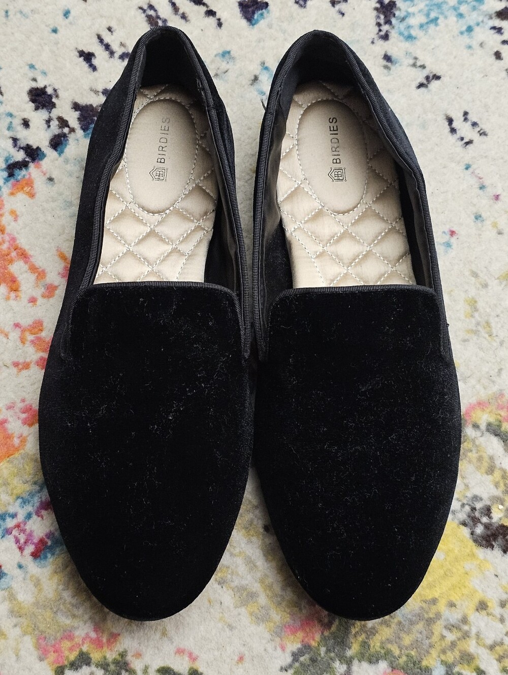 Birdies Starling Loafers Womens Size 10 Black Velvet Quilted Insole Slip On Shoe